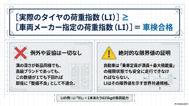 実際のタイヤの荷重指数が車両メーカー指定の荷重指数以上であれば車検合格となる方程式の図解