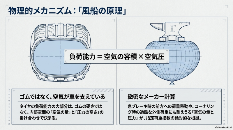 タイヤの負荷能力は空気の容積と空気圧の掛け合わせで決まることを示す風船の原理の図解
