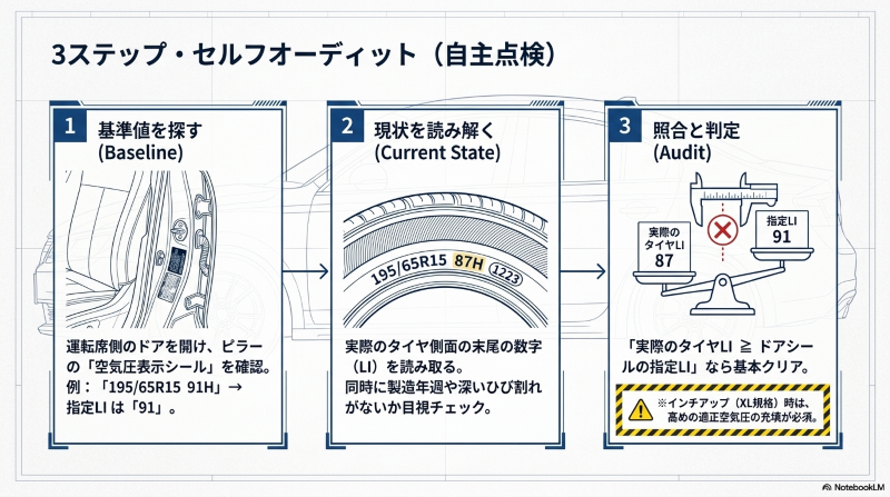 ドアの指定荷重指数と実際のタイヤの荷重指数を天秤にかけて比較照合するセルフチェック手順の図解