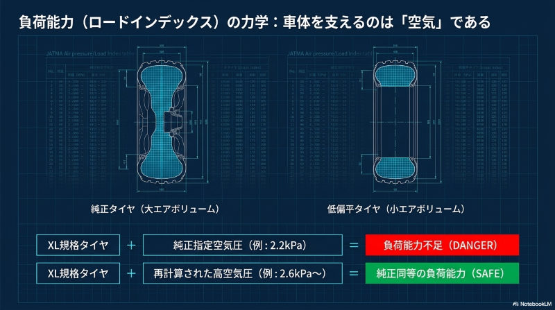 純正タイヤの指定空気圧に対する負荷能力と、XL規格タイヤで同等の負荷能力を得るために必要な高空気圧設定の関係図