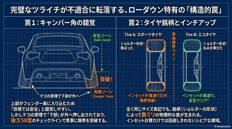 ローダウンによってタイヤ上部が入り込むため目視では安全と錯覚しやすいが、テコの原理で下部が外へ押し出され、後方50度のラインで限界を突破してしまう危険ゾーンの構造を図解