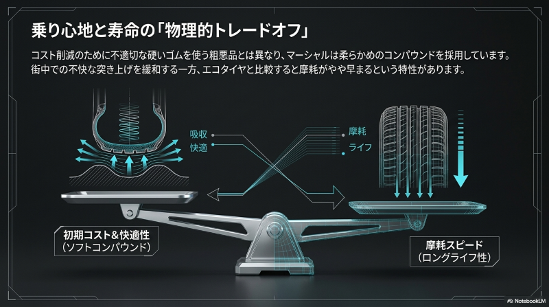 マーシャルタイヤの柔らかい乗り心地と耐久性のトレードオフ