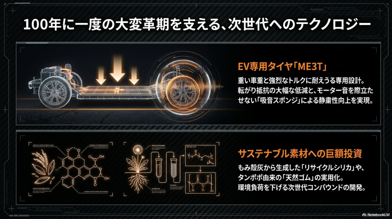 EV専用タイヤME3Tの開発とリサイクルシリカなどサステナブル素材への巨額投資