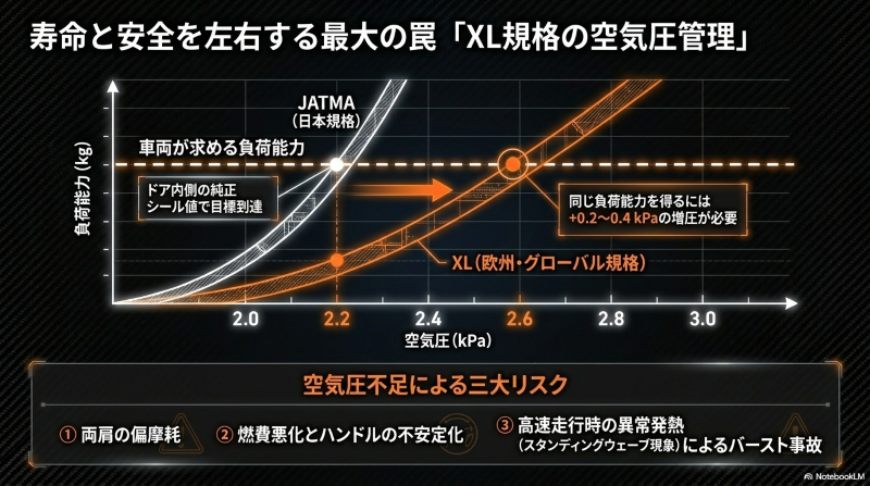 JATMA規格とXL規格の負荷能力の違いと、同じ負荷能力を得るために必要な空気圧の増圧グラフ