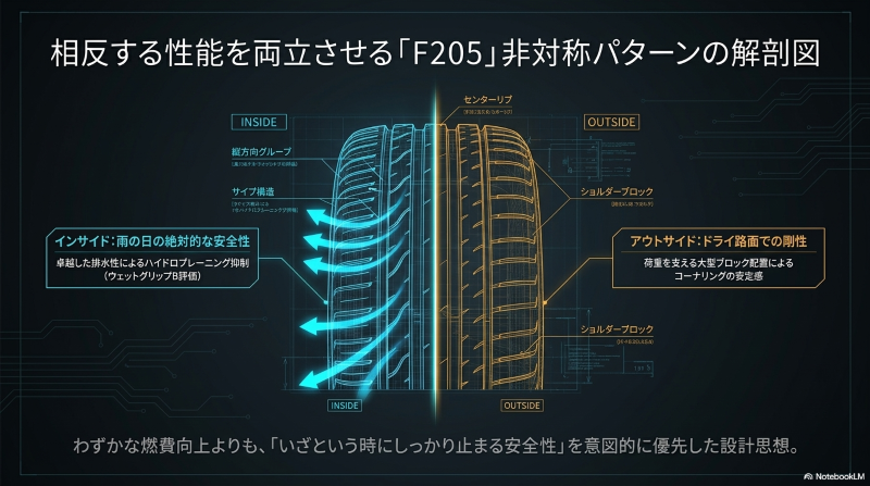 卓越した排水性による雨の日の安全性と、大型ブロック配置によるドライ路面での剛性を両立させるF205の非対称パターン