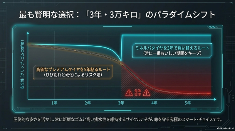 高価なプレミアムタイヤを5年限界まで使うよりも、ミネルバタイヤを3年サイクルで交換し、常に一番おいしい期間をキープする方が安全性が高い理由