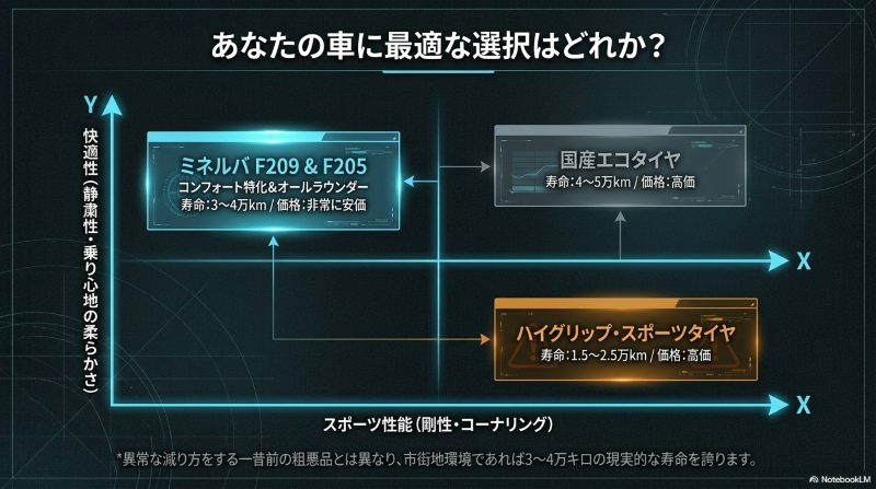 ミネルバタイヤ（F205・F209）と国産エコタイヤ、スポーツタイヤの寿命と快適性の比較グラフ