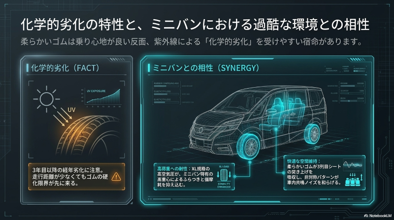 ミニバン特有の高重心によるふらつきを抑え込むXL規格と、3列目シートの突き上げを吸収する柔らかいゴムの相性
