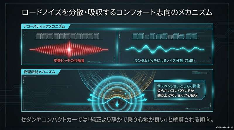ランダムピッチによるロードノイズの分散と、柔らかいコンパウンドがサスペンションとしてショックを吸収するメカニズム