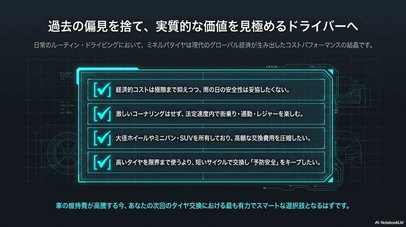 経済的コストを抑えつつ雨の日の安全性を妥協したくない、短いサイクルで交換し予防安全をキープしたいドライバー向けのチェックリスト