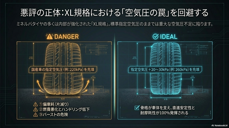 XL規格のミネルバタイヤにおいて、国産車の標準指定空気圧では不足するリスクと、+20〜30kPa高めに設定する理想的な充填方法