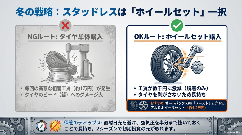 毎回組み替えるタイヤ単体購入と、脱着のみで済むアルミホイールセット購入のコスト比較