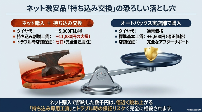 ネット購入タイヤの持ち込み割増工賃と、オートバックス実店舗購入時の保証・工賃の比較