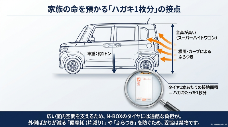 ハイトワゴンであるN-BOXのタイヤへの負担と接地面積の図解