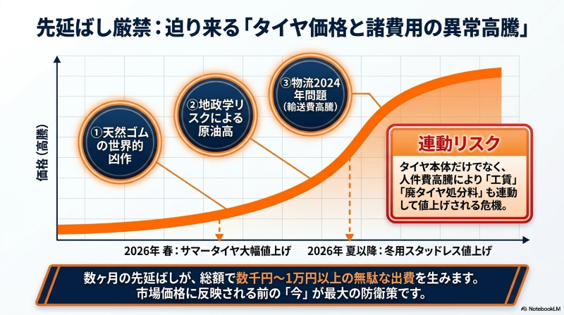 天然ゴム不足や物流問題による今後のタイヤ価格と交換工賃の連動値上げリスク