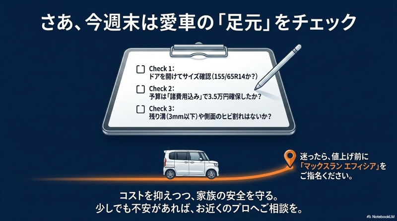 N-BOXのタイヤサイズ確認、諸費用込みの予算確保、残り溝の確認を行う最終チェックリスト