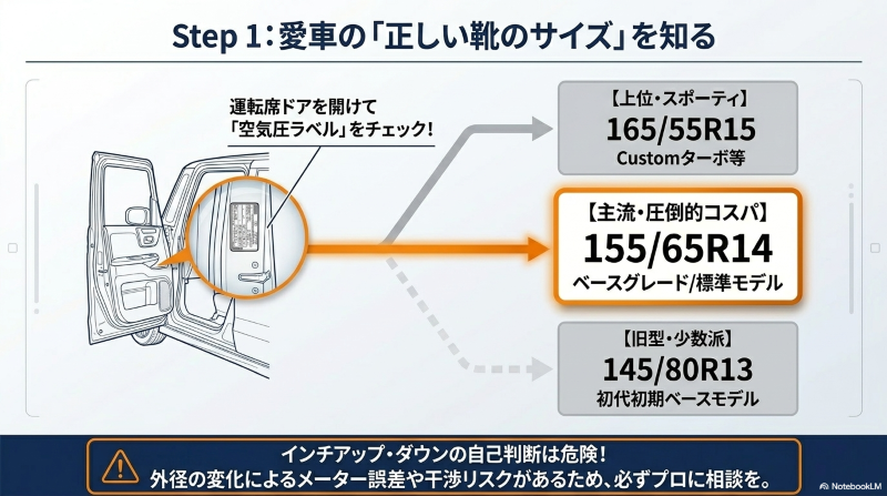 N-BOXの運転席ドア内側にある空気圧ラベルでの正しいタイヤサイズ確認方法