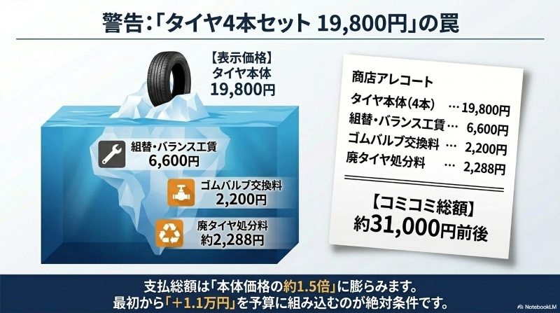 タイヤ本体価格以外にかかる交換工賃、バルブ代、廃タイヤ処分料を含めたコミコミ総額の内訳