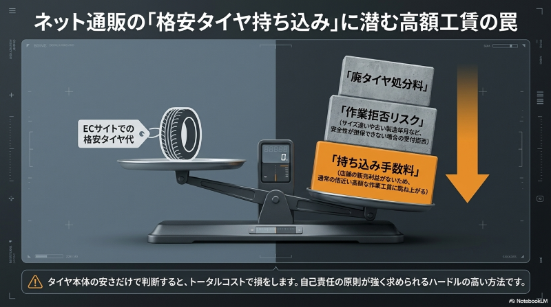 ネット通販の格安タイヤ持ち込みに潜む高額工賃の罠。ECサイトの安さに対し、持ち込み手数料や作業拒否リスク、処分料が上乗せされる天秤の図。