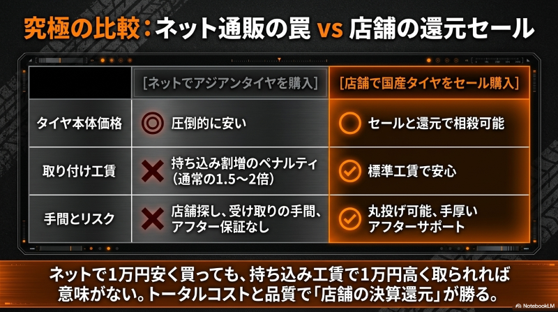 ネット通販での持ち込み割増ペナルティと、店舗で還元セールを利用して標準工賃で取り付ける場合のトータルコストや手間を比較した表