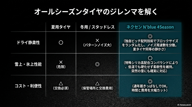 ガチガチのスポーツタイヤと、しなやかにたわみ衝撃を吸収するネクセンタイヤの断面図の比較
