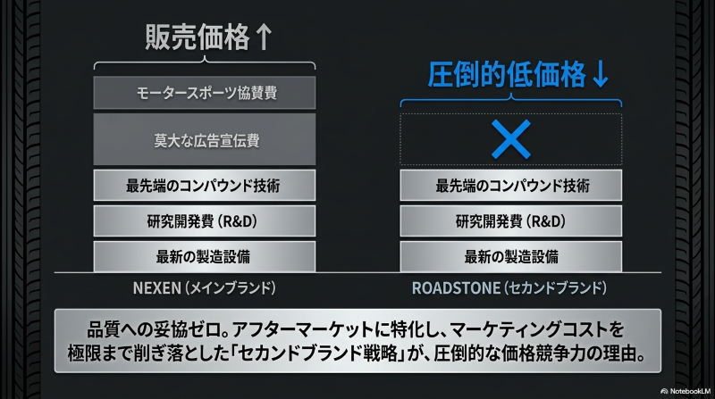 メインブランドのネクセンとセカンドブランドのロードストーンにおける、広告費・販売価格の違いを図解したコスト構造