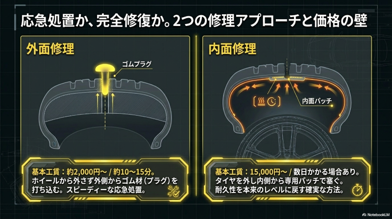 外側からゴム材を打ち込む外面修理の仕組みと基本工賃