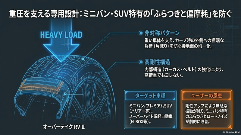 ミニバンやSUV特有のふらつきと偏摩耗を防ぐ、オーバーテイク RV IIの非対称パターンと高剛性構造の解説図