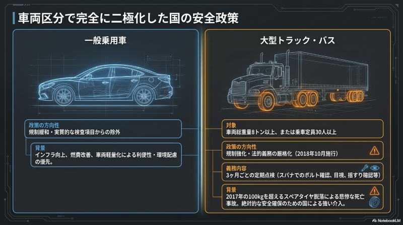 国の安全政策	
乗用車の規制緩和と、大型車の規制強化（2018年施行）の背景を対比した資料
