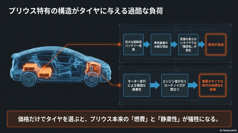 巨大なバッテリー搭載による重量増やモーター走行による静粛性など、プリウス特有の構造がタイヤに与える負荷を図解したスライド