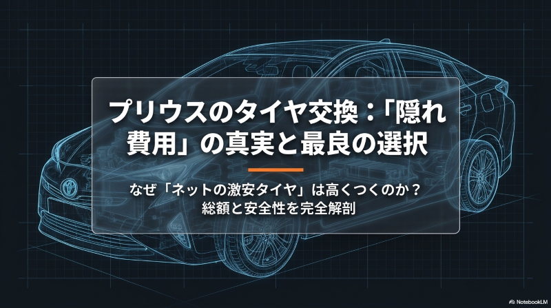 プリウスのタイヤ交換にかかる隠れ費用と最良の選択を解説したスライドの表紙画像