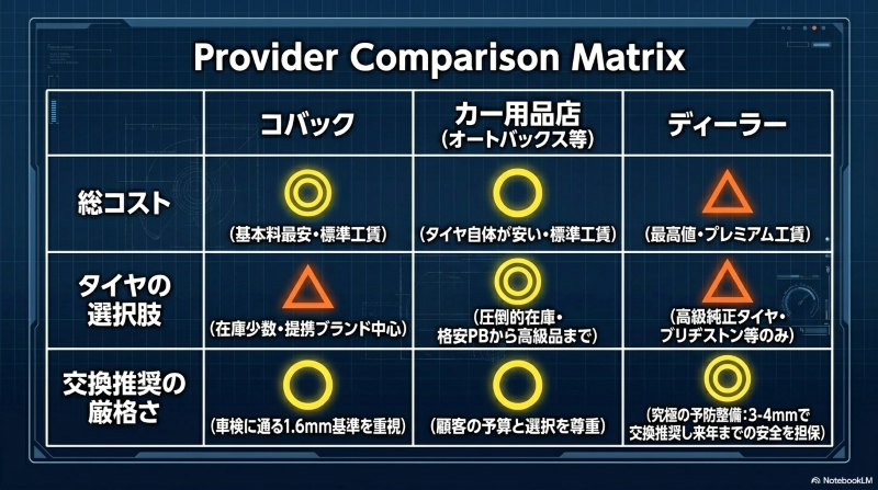 コバック、オートバックスなどのカー用品店、ディーラーにおける車検コストとタイヤ選択肢の比較表
