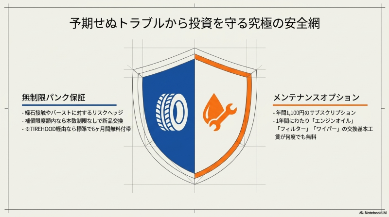 無制限パンク保証とメンテナンスオプションによる安心のアフターサポート図解