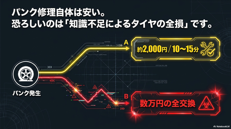 パンク修理費用2000円と数万円の全交換の分かれ道