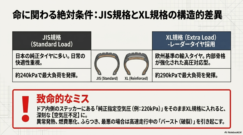 標準的なJIS規格と内部骨格が強化されたXL規格のタイヤ断面図の比較