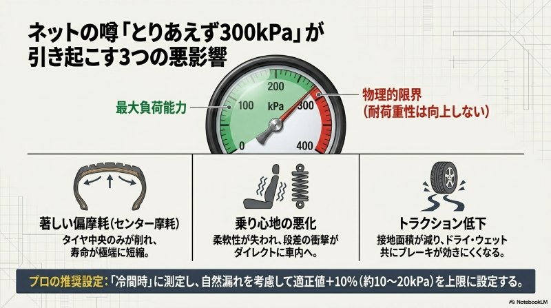 空気圧300kPa等の過剰充填が引き起こす偏摩耗、乗り心地悪化、トラクション低下の図解