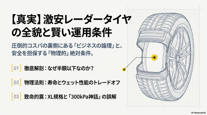 レーダータイヤの構造を示すワイヤーフレーム図と激安レーダータイヤの全貌というタイトル