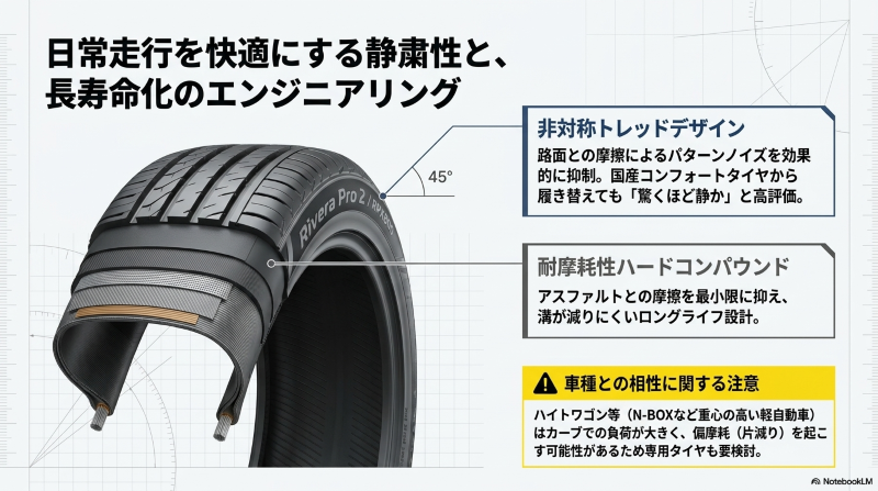 Rivera Pro 2とRPX800の非対称トレッドデザインと耐摩耗性ハードコンパウンドの解説図