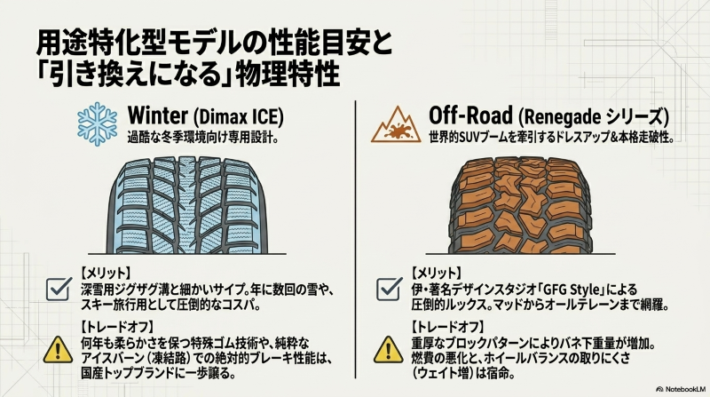 スタッドレス（Dimax ICE）とオフロード（Renegade）のトレッドパターンとメリット・デメリットの解説図