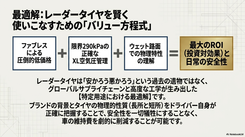 限界290kPaの正確なXL空気圧管理やファブレスによる圧倒的低価格を組み合わせた最適解を示す方程式の図