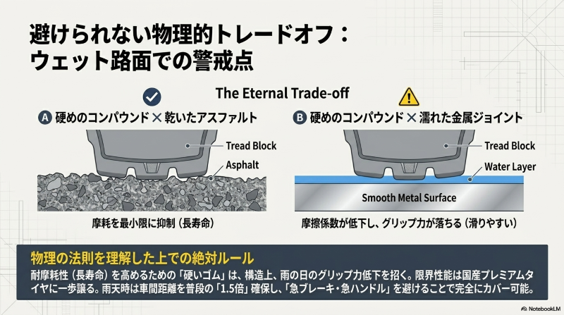 硬めのコンパウンドによる摩耗抑制のメリットと、濡れた金属面でのグリップ力低下を示す図解