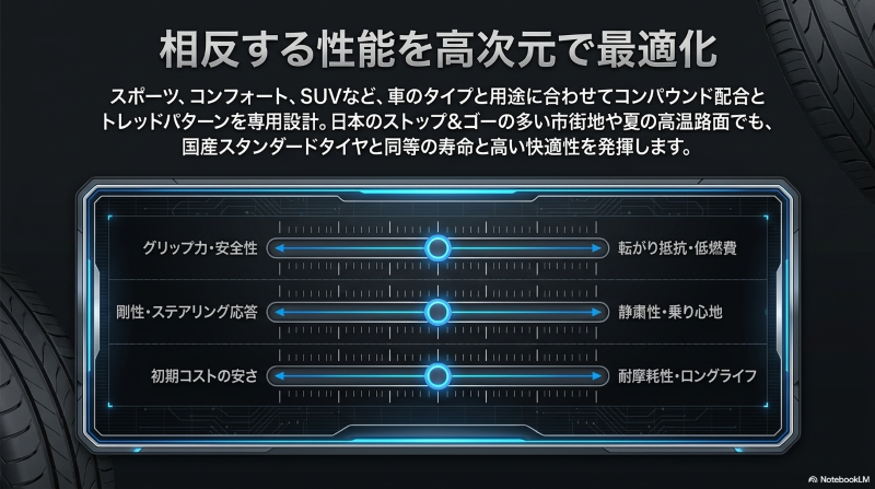 グリップ力、剛性、初期コスト、転がり抵抗、静粛性、耐摩耗性のバランスを示すレーダーチャート