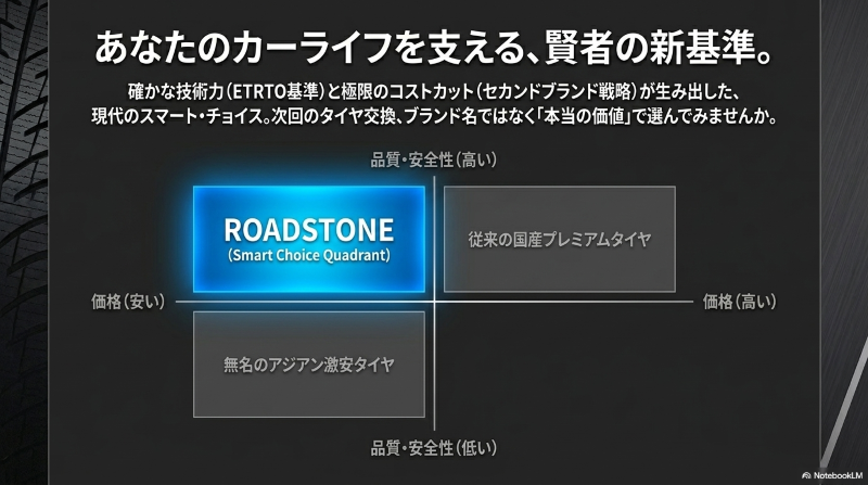 従来の国産プレミアムタイヤや無名のアジアン激安タイヤと比較した、高品質かつ低価格な位置づけとなるロードストーンのスマート・チョイス・クアドラント