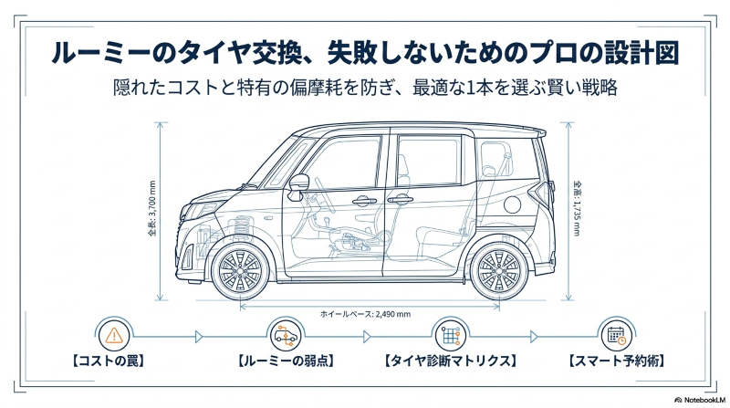 ルーミーのタイヤ交換におけるコストの罠、特有の弱点、タイヤ診断マトリクス、スマート予約術の全体像を示す図解