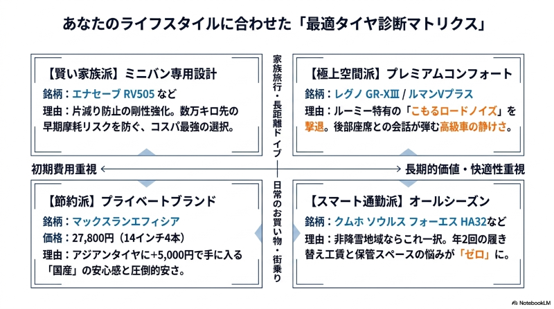 節約派、賢い家族派、スマート通勤派、極上空間派の4つのライフスタイルに合わせた、ルーミーの最適タイヤ選びがわかるマトリクス表