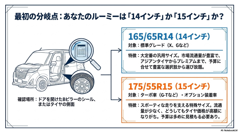 運転席側のドアを開けたBピラーで確認できるルーミーのタイヤサイズ。汎用的な14インチとスポーティな15インチの特徴比較図