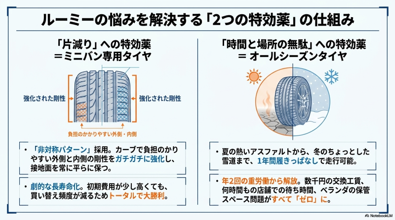 ルーミーの片減りを防ぐミニバン専用タイヤの非対称パターン（剛性強化）と、交換の手間を省くオールシーズンタイヤの仕組み解説