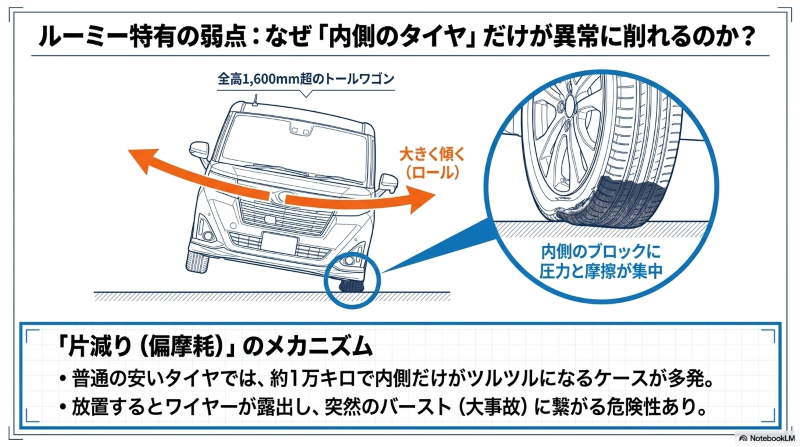 全高1,600mm超のルーミーがカーブで大きくロールし、タイヤ内側のブロックに圧力と摩擦が集中することで片減り（偏摩耗）が起きるメカニズムの図解
