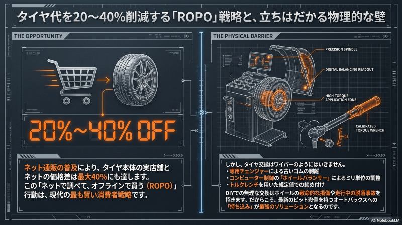 ネット通販によるタイヤ本体の最大40%オフというメリット（ROPO戦略）と、専用チェンジャーやバランサー、トルクレンチを用いたプロの設備が必要不可欠であるという物理的な壁を対比させた図解