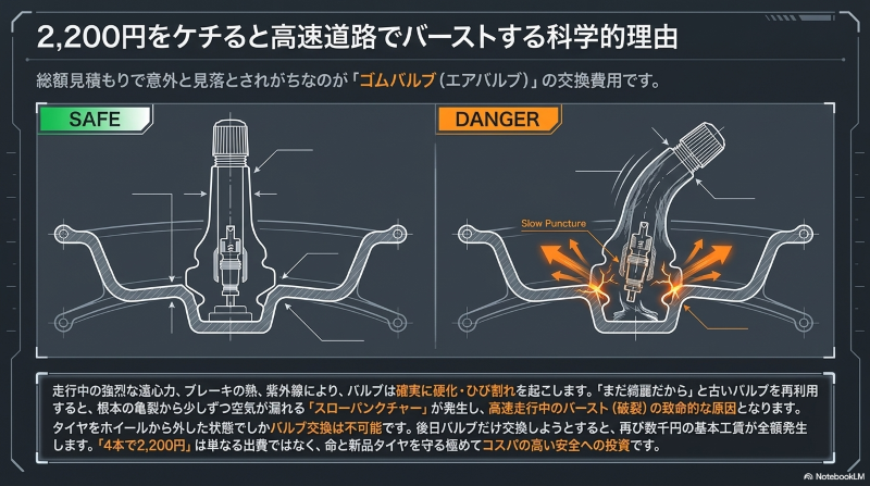 ゴムバルブの交換費用2,200円を惜しむことで、劣化したバルブの亀裂から空気が漏れるスローパンクチャーが発生し、高速道路でのバーストに繋がる科学的な理由を解説した断面図